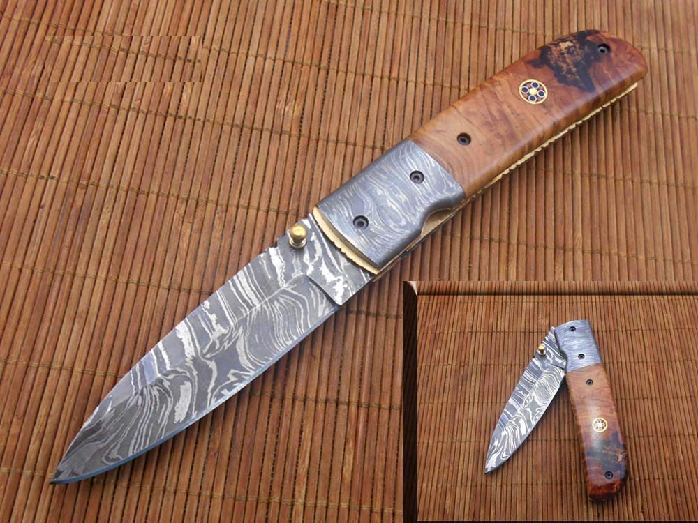 Straight back folding knife made with hand forged Damascus steel Blade, Wood scale with Damascus bolster, Overall 7.75