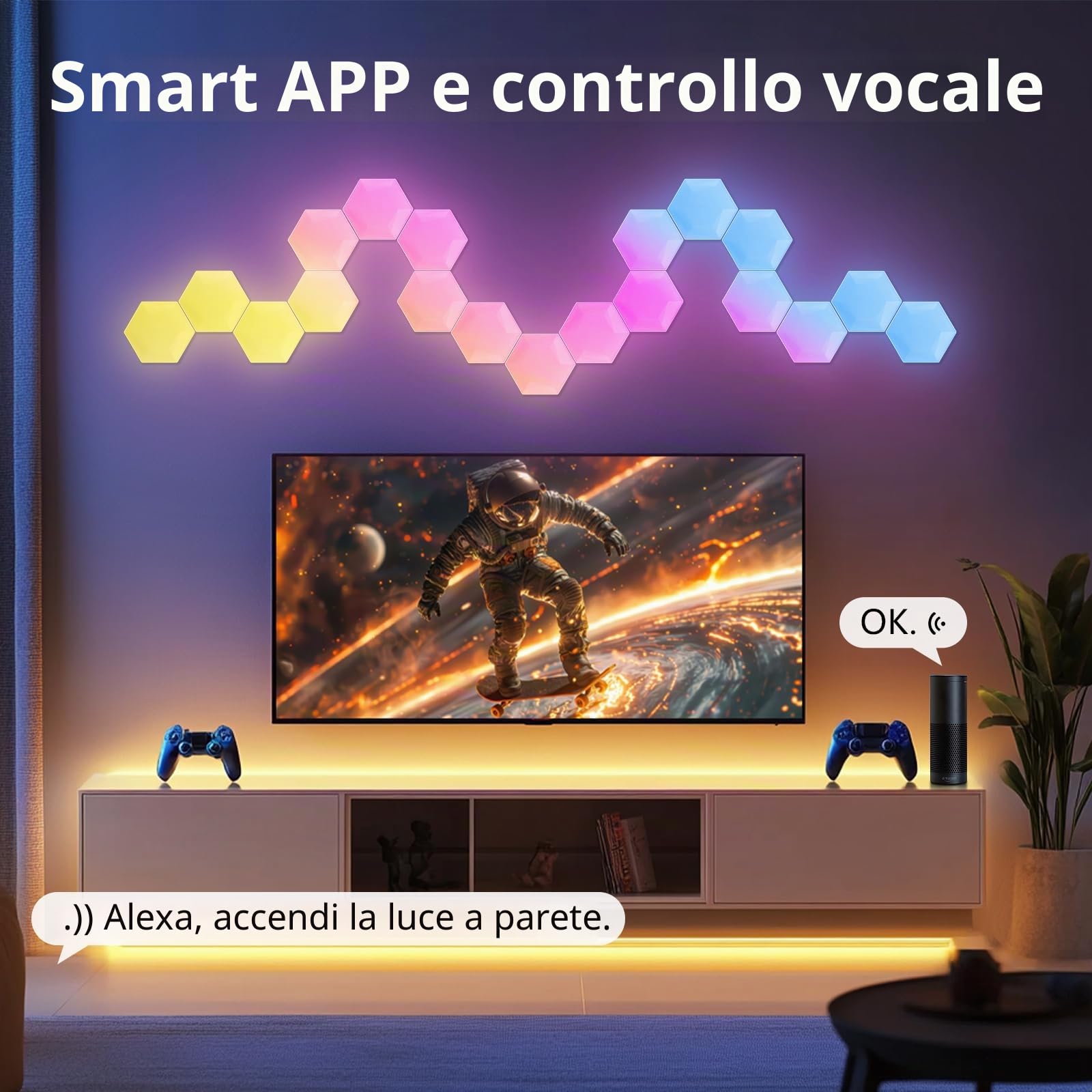 Pannello LED Hexagon Gaming 10 PCS, Lampada da Parete LED Smart con RGB-IC, Sincronizzazione Musicale, Controllo tramite App, Illuminazione da Parete per Camera e Setup da Gaming