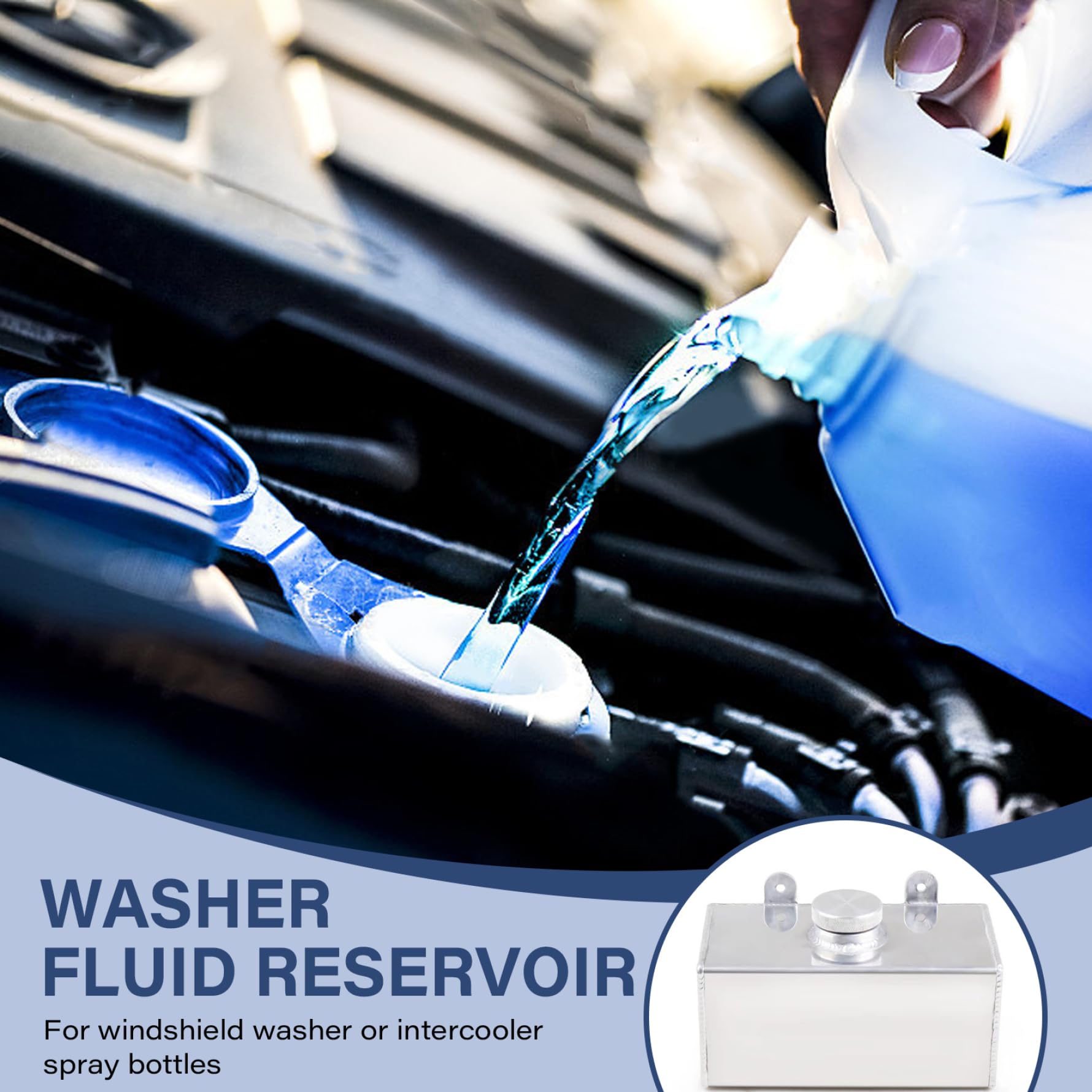 Washer Fluid Reservoir 2L Aluminum Windshield Washer Tank Polished Intercooler 8.3x4.4x4.9 In Rectangle Spray Tank Car Accessories Power Steering Reservoir Fluid