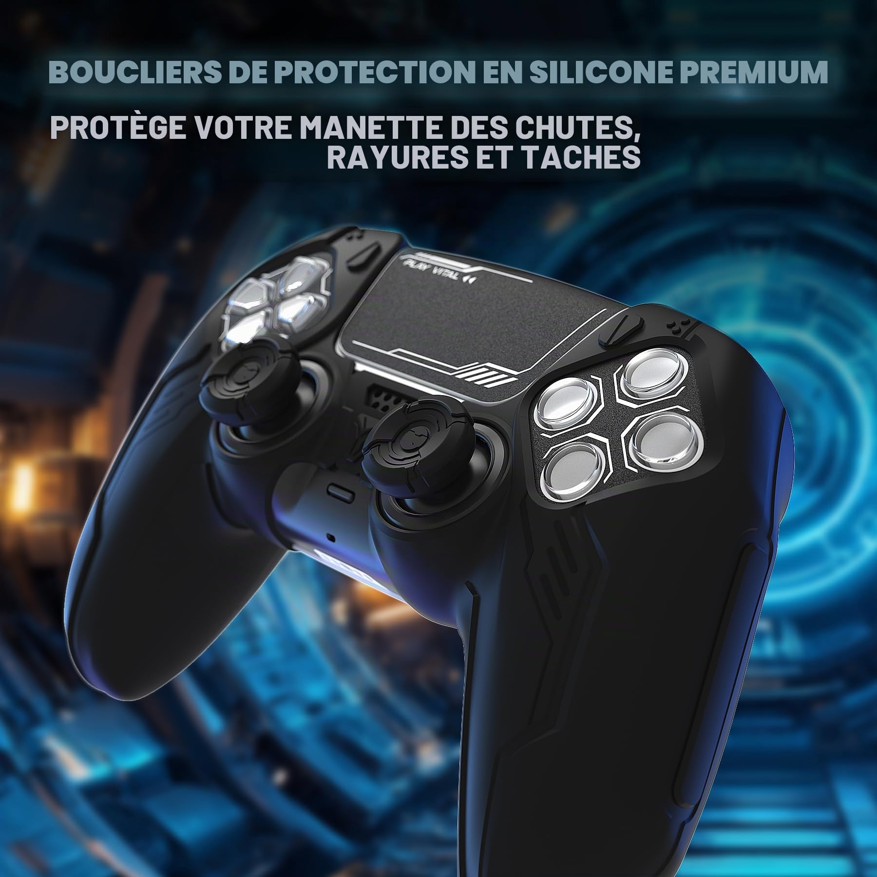 PlayVital Coque Manette pour ps5 Housse Protection Silicone pour ps5 Controller avec 2 Capuchons Joystick et 6 Autocollants,Cover Grip Compatible avec Station de Charge-Noir