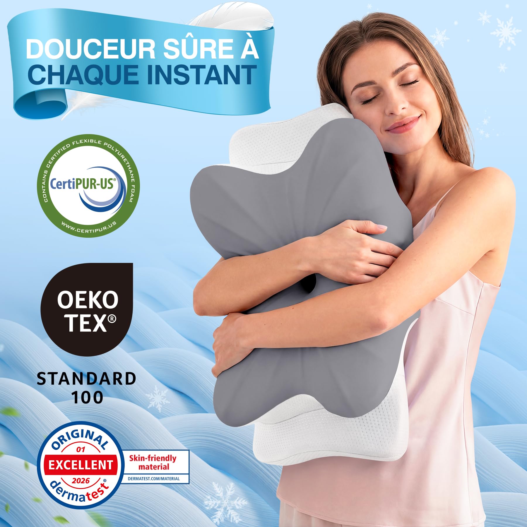 Oreiller Ergonomique Cervical Mémoire de Forme, Technologie Rafraîchissante, Ergonomique Cervical, Adapté pour Dormeurs de Côté, de Dos et sur Le Ventre Design de Haute Qualité