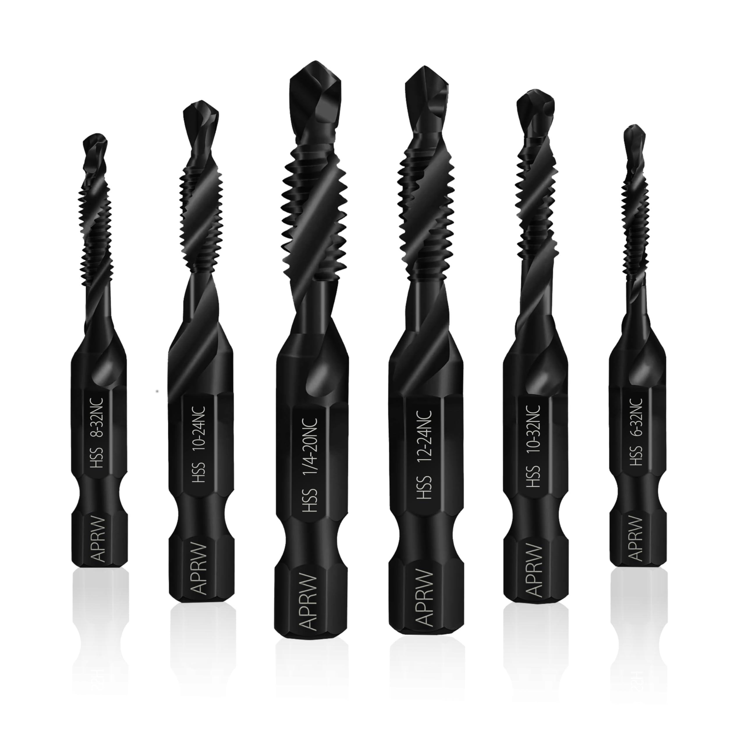 APRW Combination Drill Tap Bit Set Screw Tapping (6 Packs), Size 6-32NC 8-32NC 10-32NC 10-24NC 12-24NC 1/4-20NC with Surface Nitriding Treatment, 1/4”