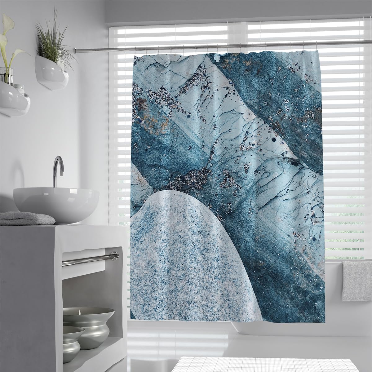UIRINGART Luxury Bathroom Bathtub Curtains W180xL220cm Teal Cyan Blue Mineral Quartz Crystals Pattern with Rustproof Grommets Home and Hotel Bathroom Decor