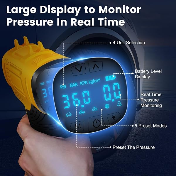 Cordless Tyre Inflator Air Compressor, 25L/min Hand Held Digital Tyre Pump with Pressure Gauge, Rechargeable Battery, Portable Car Accessories with LED Light Electric Pump for Car/Bike/Motorcycle/Ball - 4