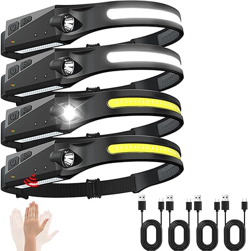 Faros delanteros recargables, 4 paquetes, 230 de haz ancho potente, lámpara de cabeza LED con sensor de movimiento para adultos, 5 modos, equipo