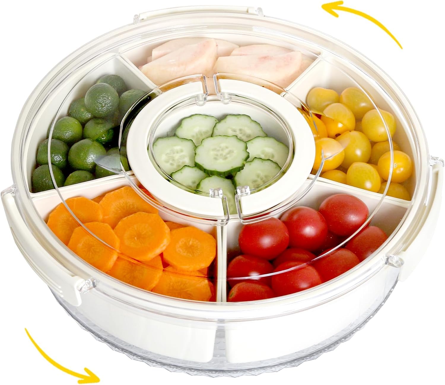 YelaJoy Divided Rotating Serving Tray with Lid and Handle, Portable Snackle Box for Fruits Snacks Veggie Charcuterie, Clear Snack Spinner Organizer and Fridge Storage Container for Adults Child (1PCS,