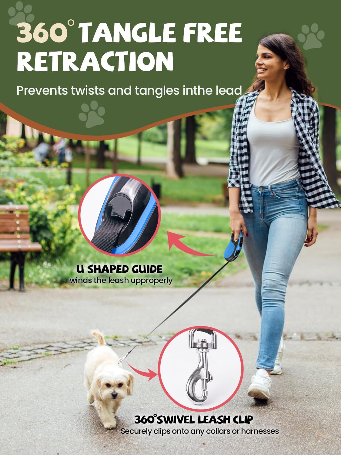 Retractable Dog Leash with Led Light, Douexio 16ft Rechargeable Walking Dog Leash for Small Medium Dogs Up to 66 lbs,360° Tangle-Free, One-Button Control, High Strength Hook