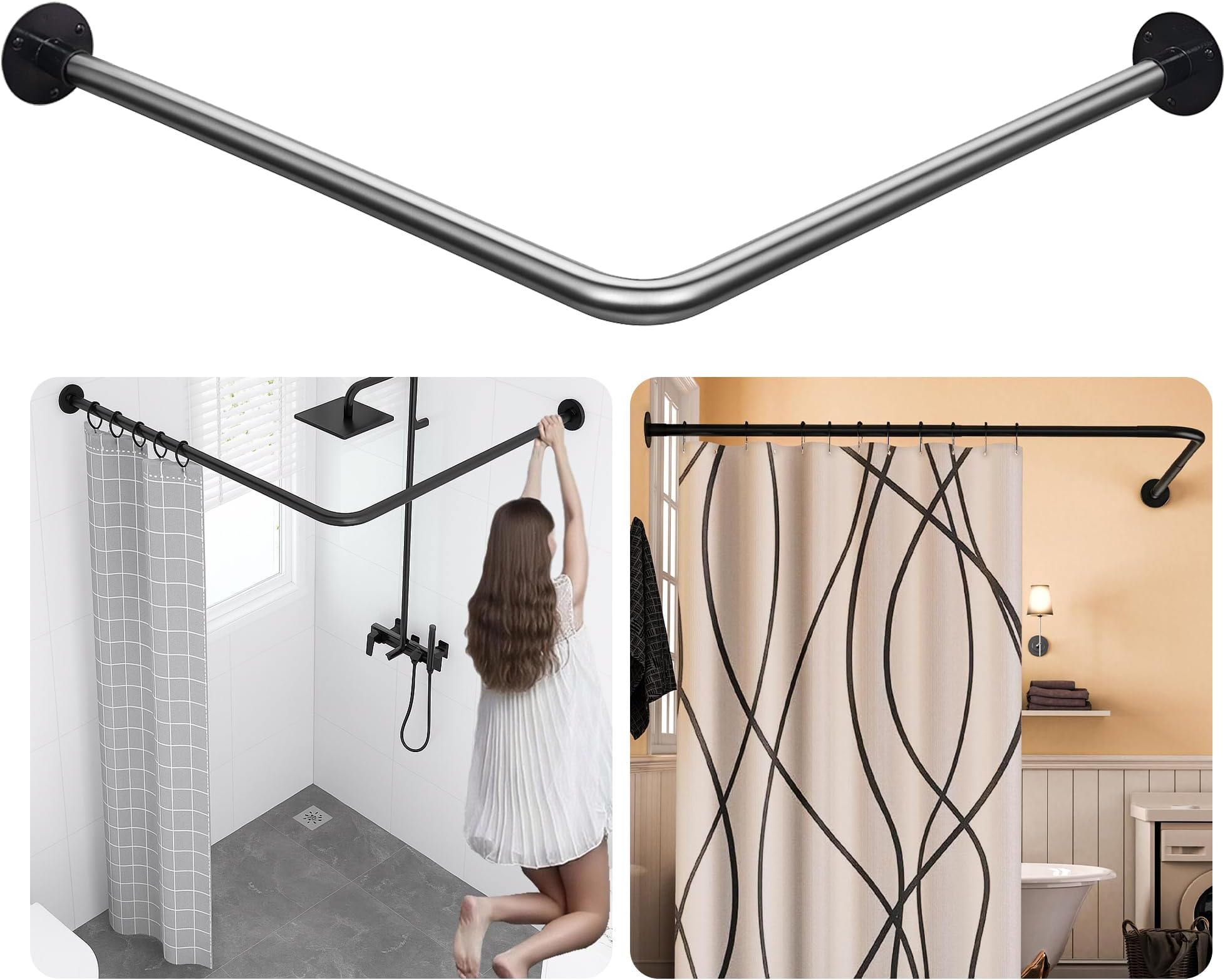 L-Shaped Corner Shower Curtain Rod, 「Black 24"-53" x 24"-53"」 Adjustable, Unsagging, Drill-free Install,304 Stainless steel 90°Curved Rod, Max Size 24"-37" x 55.1 "-69" with 12 Hooks