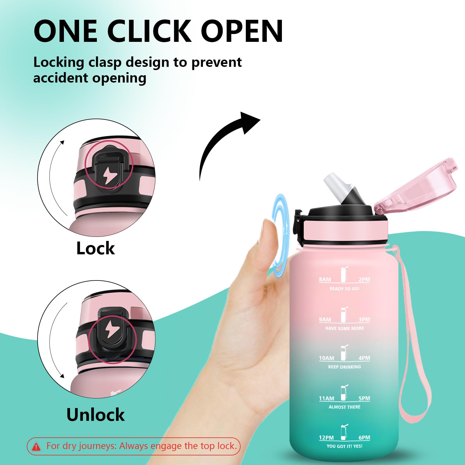 Borraccia 500ml, A Prova di Perdite Borracce, Bottiglia Motivazionale con Cannuccia, Facile da Pulire, Borraccia Bambino con Indicatore del Tempo per Ufficio, Corsa, Scuola - 5