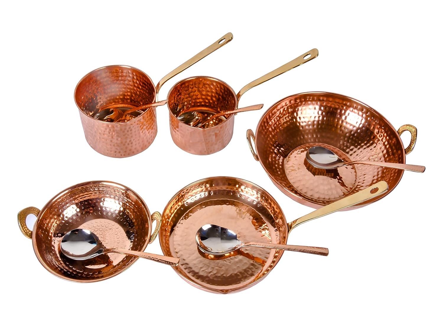 Pure Copper - Juego de utensilios de cocina de 10 piezas con cuchara para servir (juego de sartenes de cobre | Juego Kadhai | Sartén) con mango de latón para cocinar