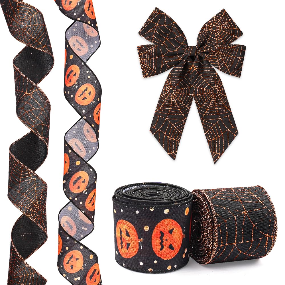 Hying 2 Rolls Halloween Ribbon for Wreath Bows Wrapping Gifts, Black Orange Pumpkin Ribbons for Gift Wrapping Halloween Party Decoration DIY Crafts