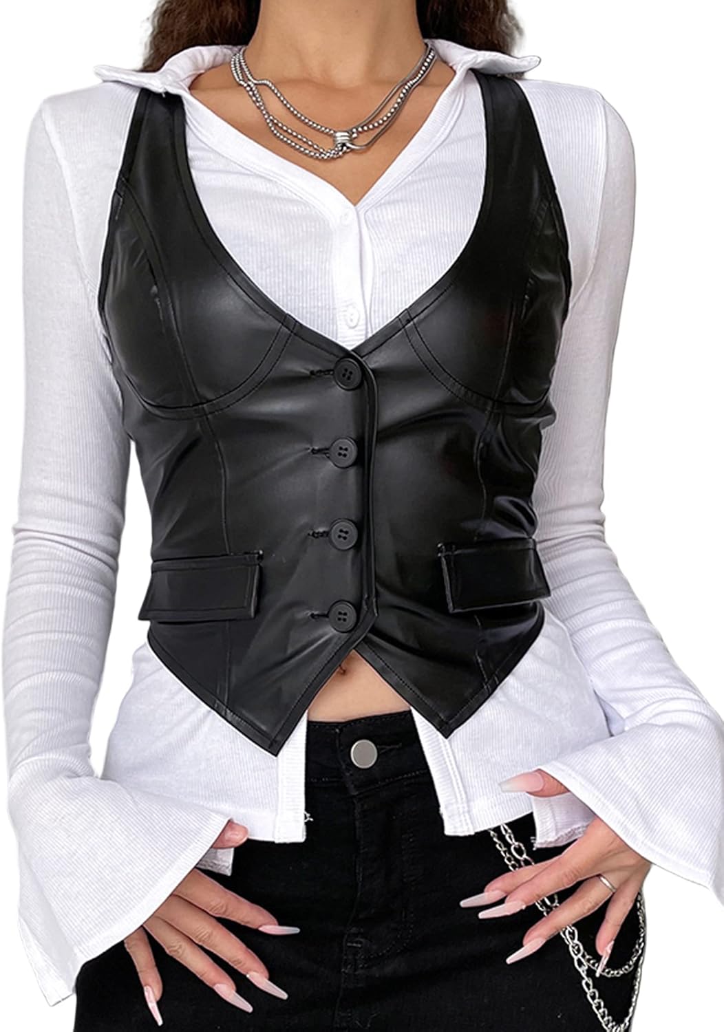 HodJIU Dames Vintage Y2K Vest Verstelbaar Slim Fit V-hals Knopopsluiting Mouwloos Dressy Kostuumvest Casual Gothische Streetwear, Zwart A, S HodJIU Dames Vintage Y2K Vest Verstelbaar Slim Fit V-hals Knopopsluiting Mouwloos Dressy Kostuumvest Casual Gothische Streetwear, Zwart A, S