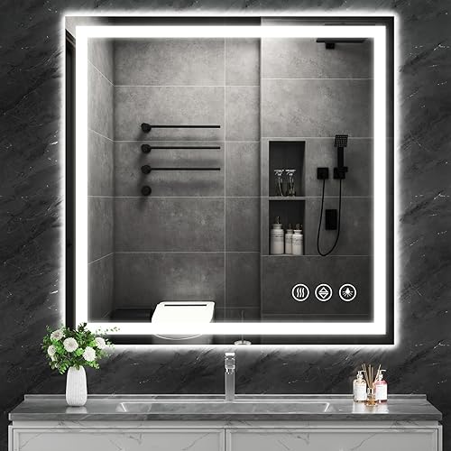Koonmi 40"x40" LED Mirror for Bathroom, 90CRI Anti-Fog Vanity Mirror with Front and Backlight, Shatter-Proof Wall Mirror with Light, Easy Install Lighted Mirror for Modern Bathroom (IP65)