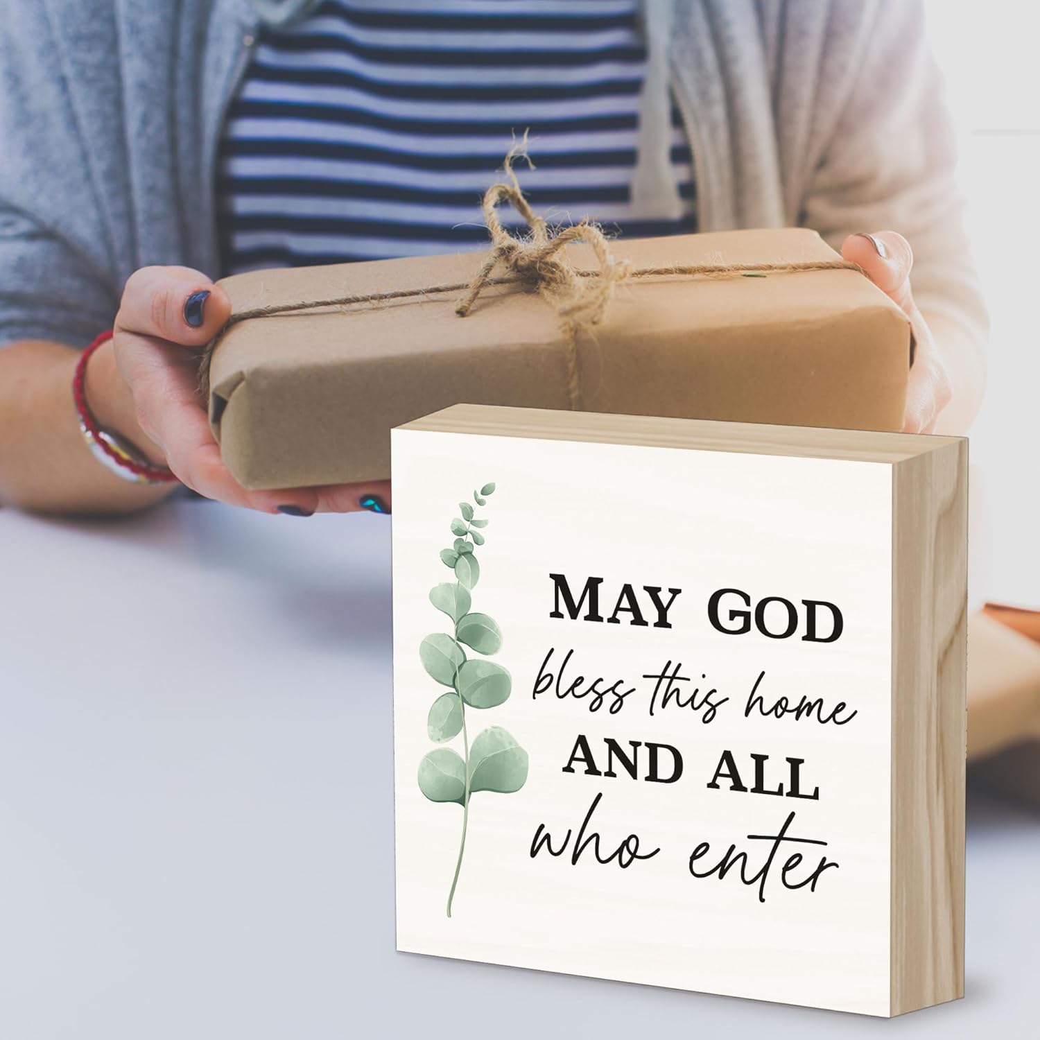Christian Decor Wood Sign Desk Decoration, May God Bless Sign, Encouragement Table Decoration Thankyou Gifts for Family Friends Christians, Eucalyptus Print-A01 - Image 6