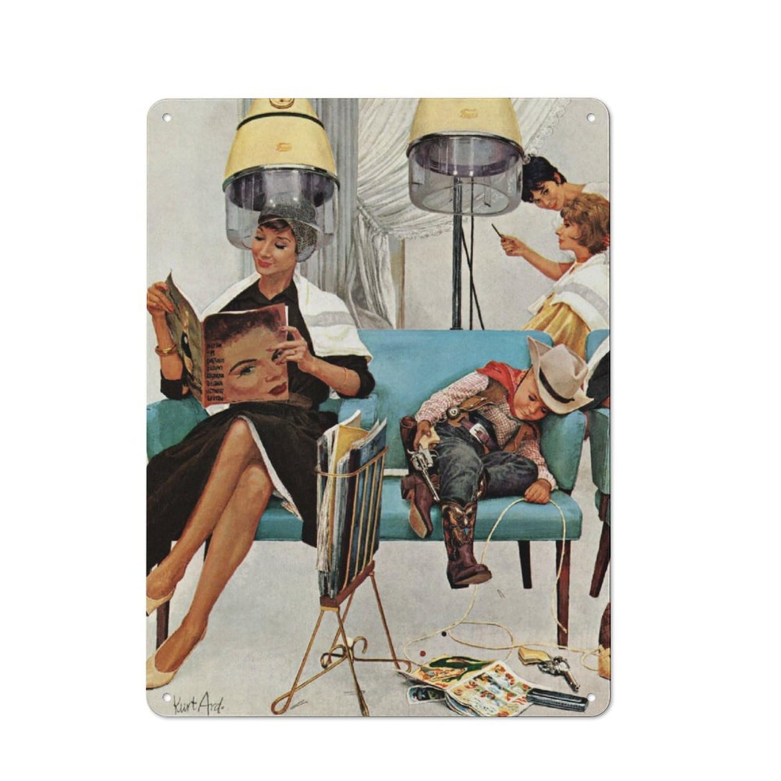 Junmoney At The Hairdressers Rustic Metal Sign 40X30cm For Living Room Wall, With Clear Rustic Wall Decor Character