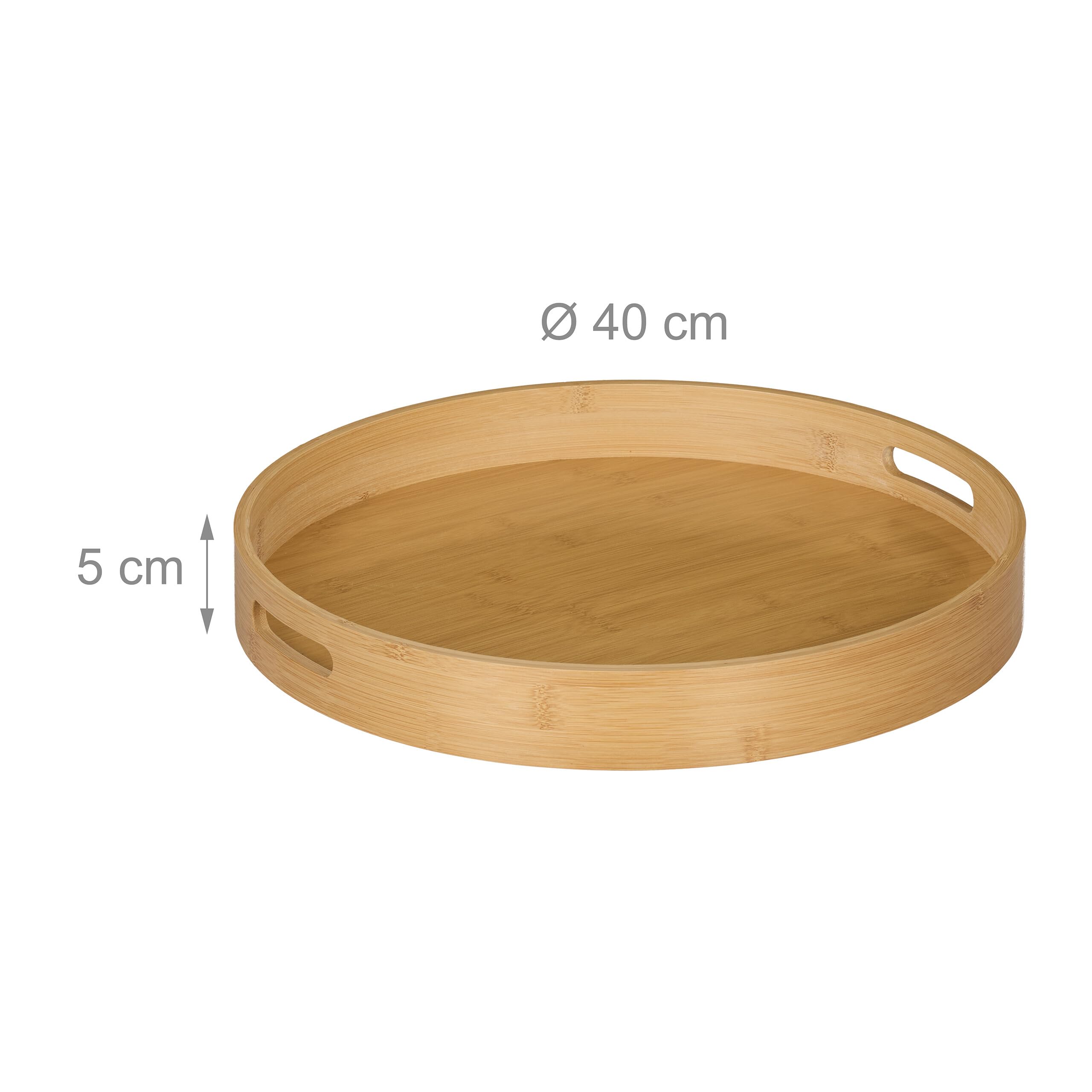 Relaxdays Taca, bambus, MDF, wys. x śr.: 5 x 40 cm, taca do serwowania z uchwytami, wysoka krawędź, okrągła taca kuchenna, naturalna