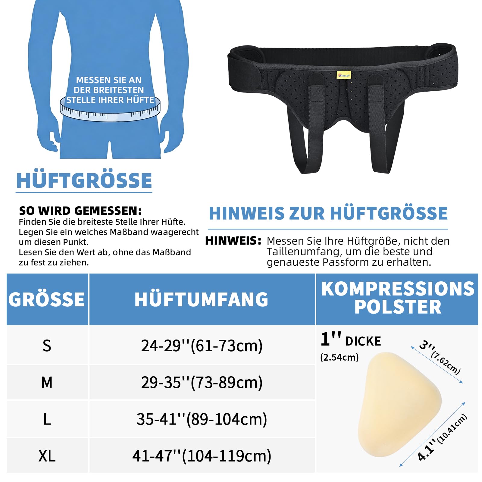 Tenbon Leistenbruchgürtel Für Männer Und Frauen Flexibel Einstellbarer Leistenbruch Gürtel Leistenbruch Stütz Schmerzlinderung mit 2 abnehmbaren Kompressionspolster Leistenbruch Links, Hernie (M)