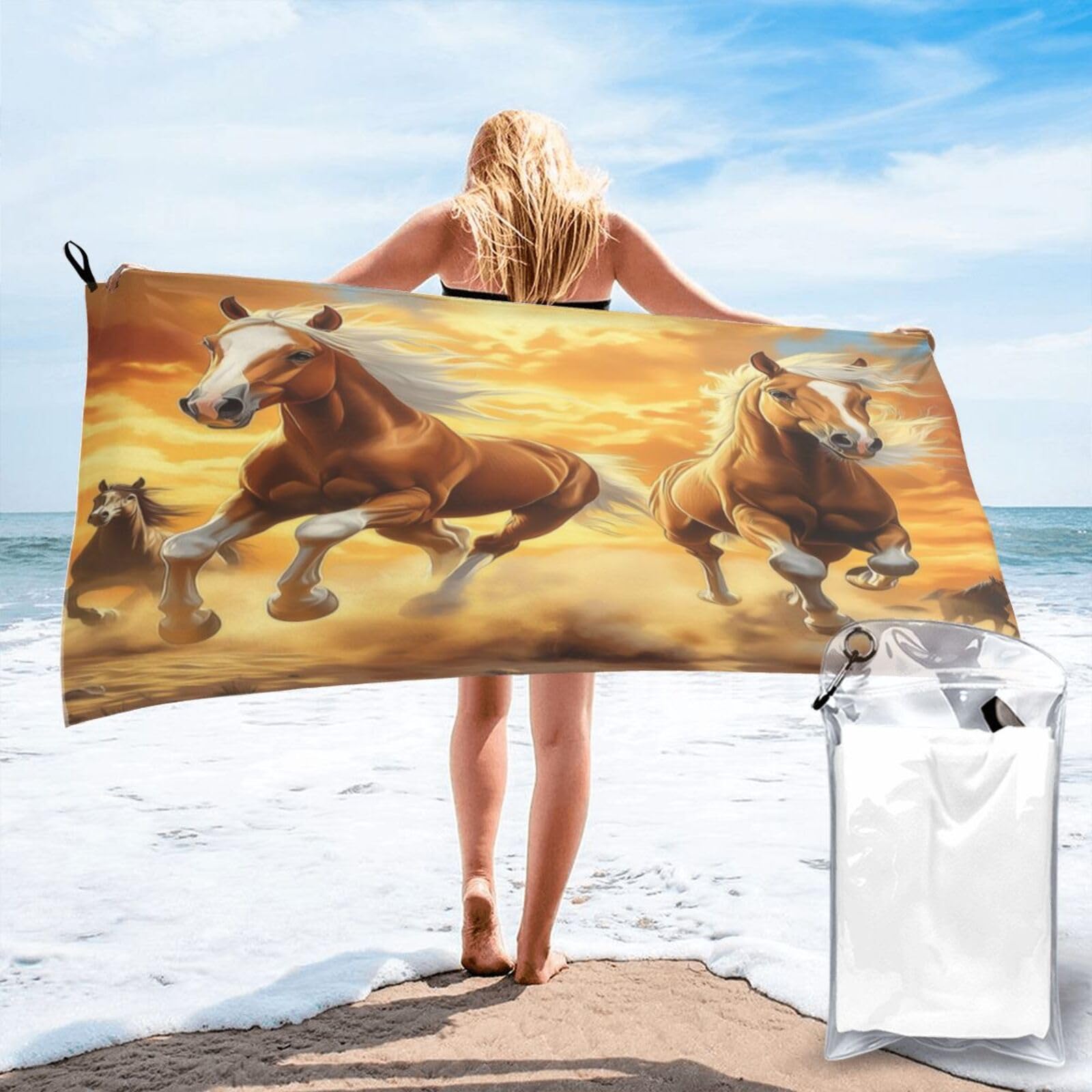 Anceky Digital Painting of Galloping Horses Sunset Quick Dry Microfiber Travel Towel with Carry Case and Carabiner 31.5"X63"