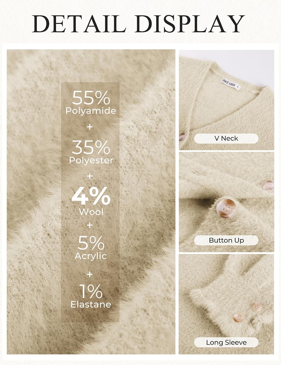 GRACE KARIN Women's Fuzzy Chunky Knit Cardigan Sweater - Cozy V-Neck Button Up Fall Fashion — view 4