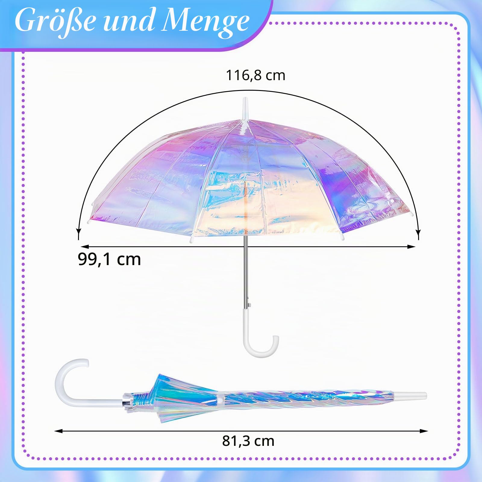 Dunzy Holografischer breiter Regenschirm, schillernd, klarer Regenschirm für Hochzeit, automatisches Öffnen, Winddicht, Sonnenschirm, J-Haken-Stick, Regenschirm, 99 cm (2 Stück)