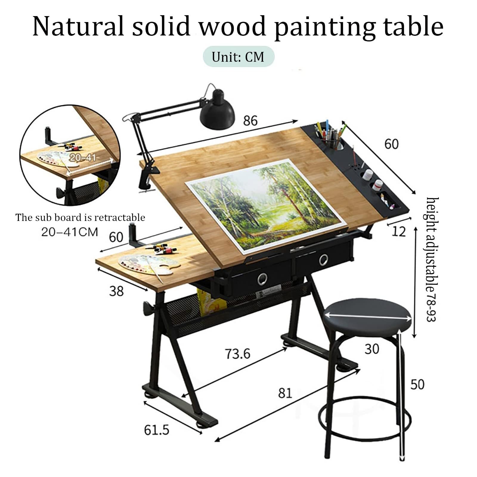Mesa de dibujo ajustable con función de inclinación de taburete, espacio de almacenamiento y cajones, escritorio de arte para pintura y trabajo creativo, perfecto para artistas y aficionados