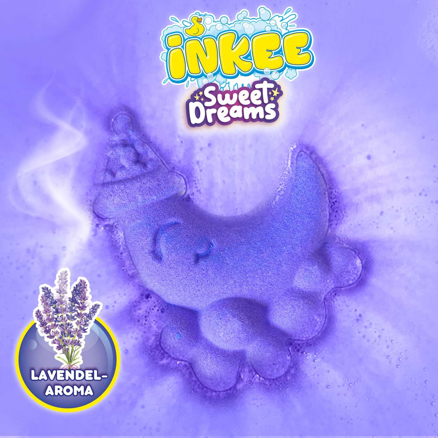 INKEE Foamy Moon Sweet Dream – spieniona kula do kąpieli w kształcie księżyca 60 g, kula kąpielowa dla dzieci z niespodzianką, z zapachem lawendy i olejkiem rumiankowym, fioletowa i niebieska