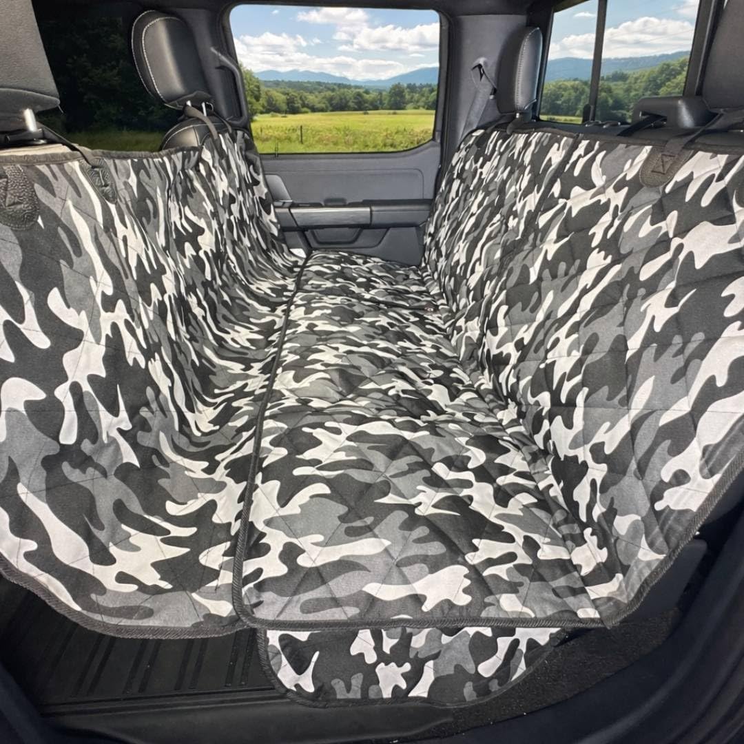 4Knines Bench Seat Covers for Trucks with Dog Hammock & Split-Tech - Rear Seat Protector for Dogs Fits Full Size Crew Cab with Split Bench Seats - Waterproof Dog Seat Cover (Passenger Side, Camo)
