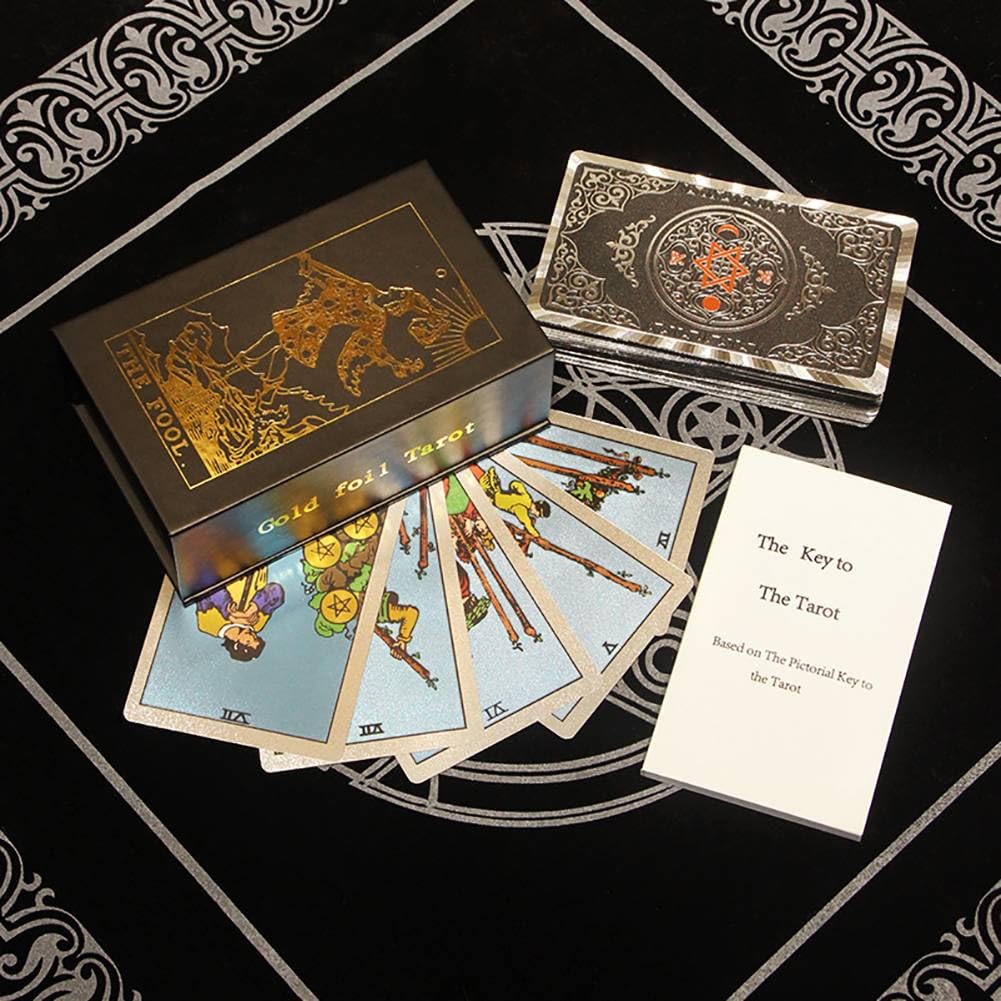 Générique Gold Foil Tarot, Version Anglaise des Outils de Divination, Cartes de Jeu de société de Divertissement Familial, charmants Decks Premium Gold Foil Tarot, Hexagonal Silver,12 * 7cm