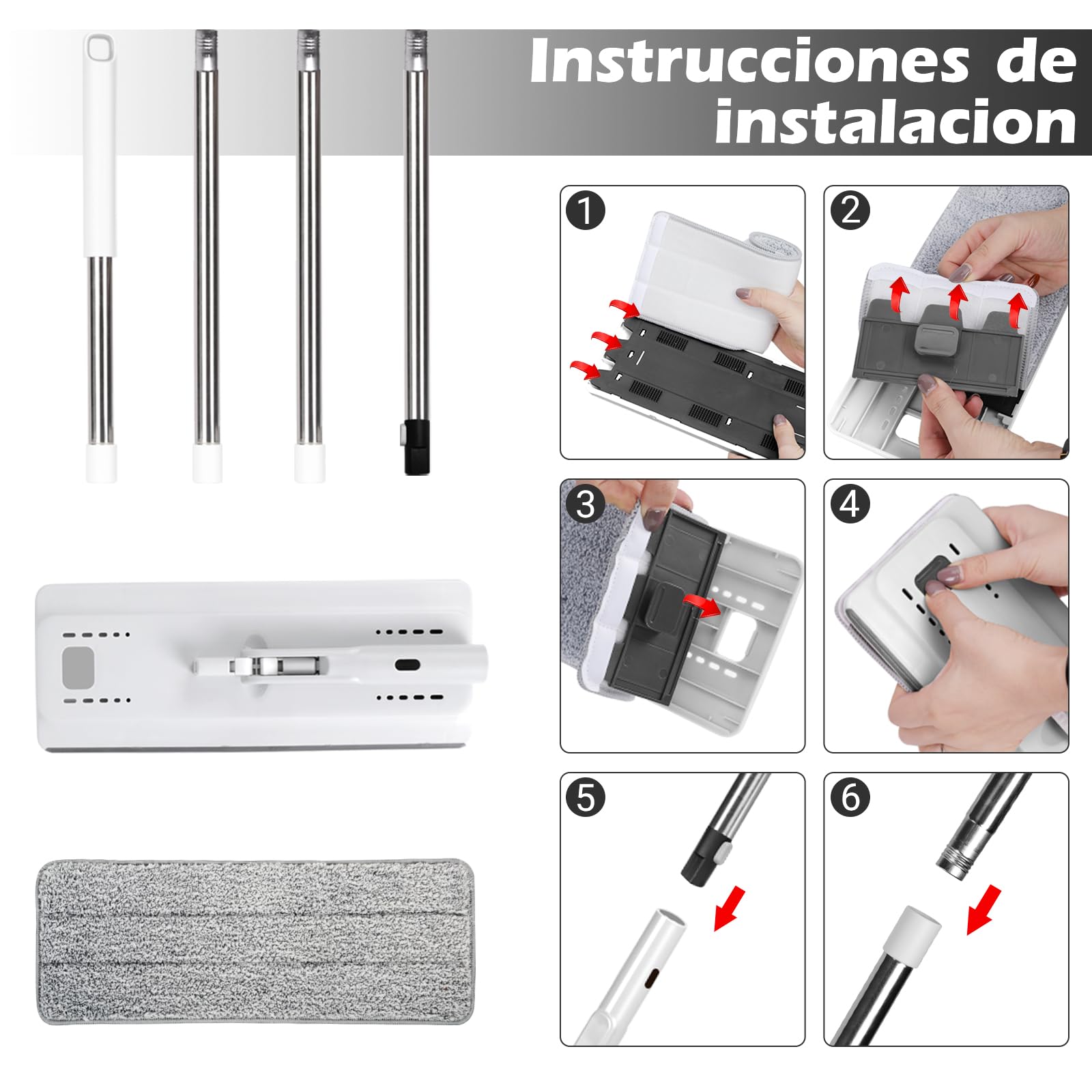 MASTERTOP Mopa Fregona con Cubo Escurridor, Microfibra 360° Fregona Plana y Mango Largo de Acero Inoxidable con 5 Almohadillas Reemplazables - Adecuado para Domésticos y de Oficina (Blanco)