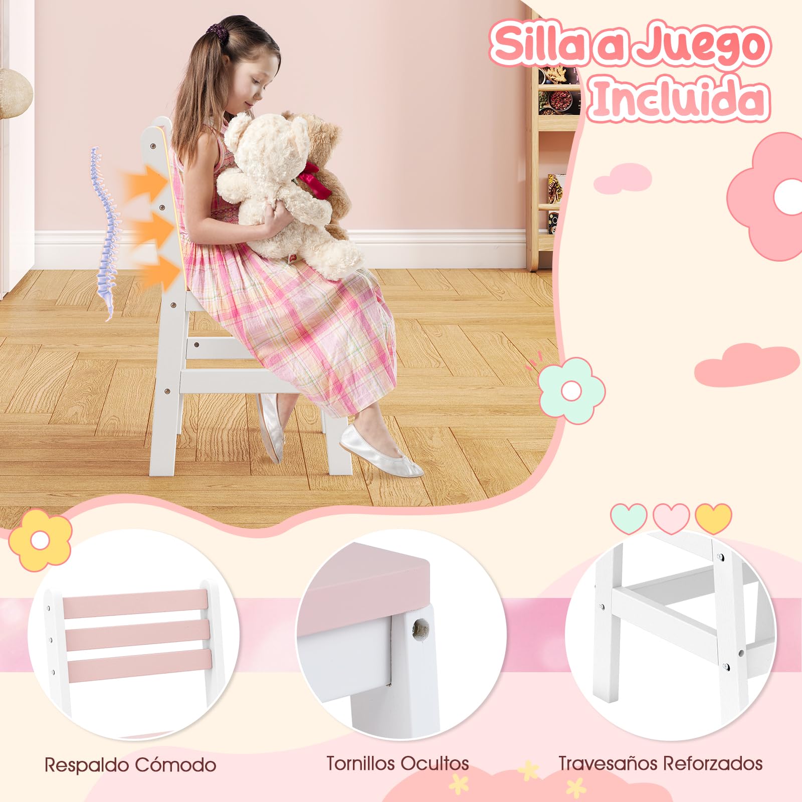 COSTWAY Tocador de Maquillaje Niña, Tocador Niña con Silla Ergonómica, Espejo Iluminado, Estantería de 2 Niveles y Cajón de Almacenamiento, Juego de Mesa de Maquillaje para Niños de 3+ Años (Blanco)