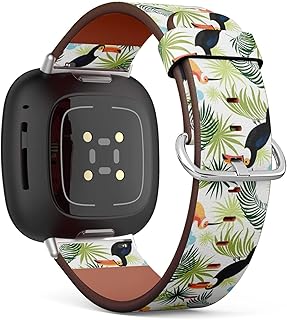CJBROES Replacement Leather Watch Band, Compatible with Fitbit Versa 3 and Fitbit Sense of Wristband Bracelet Accessory - Tropical Birds