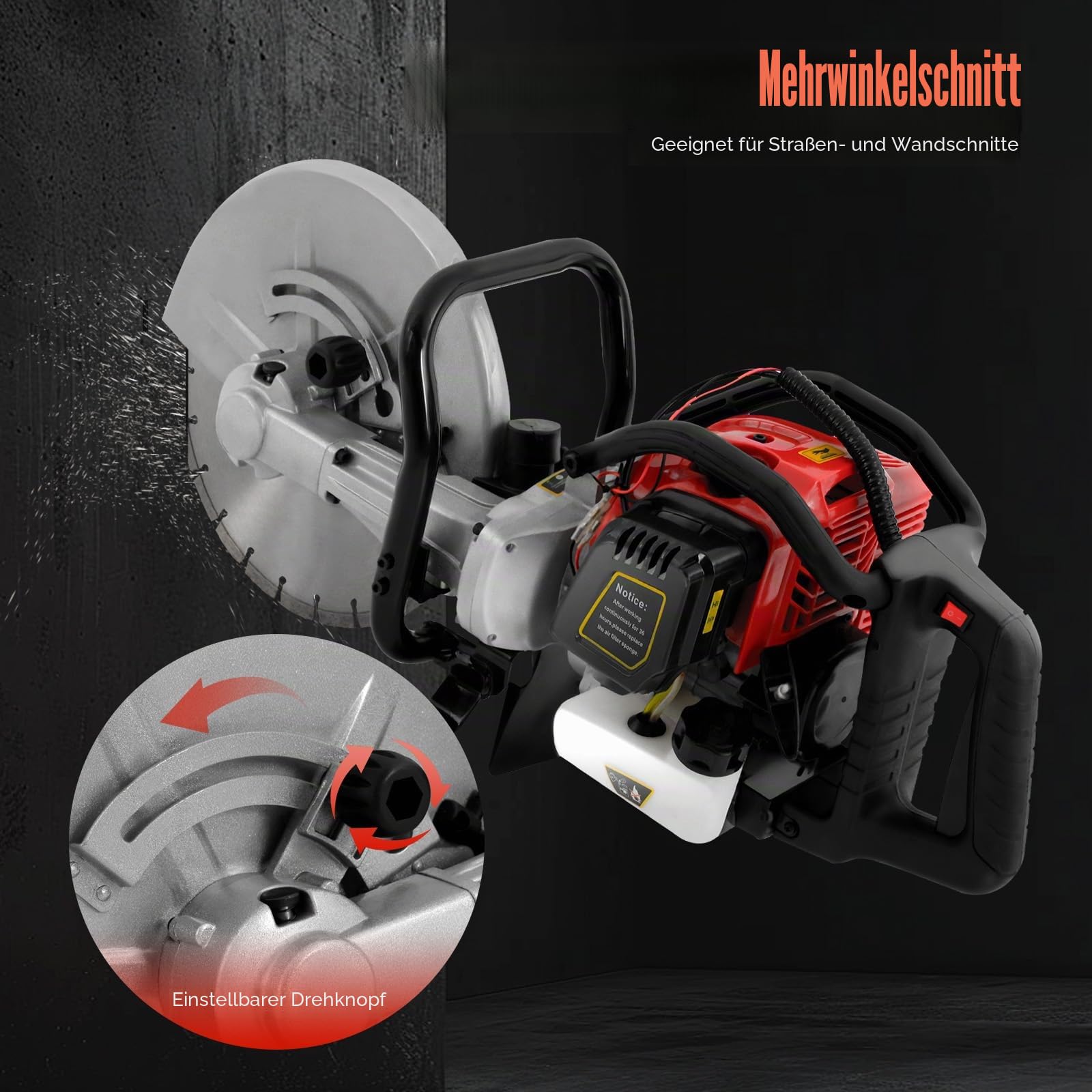2-Takt Benzin Betonschneider, 1400W 52CC BetonschneidesäGe BetonsäGe, Trocken Und Nassschneider Mit 350Mm SäGeblatt, 1800RPM SteinsäGe SäGe Kreisbetonschiebe FüR Beton, Granit, Baustelle