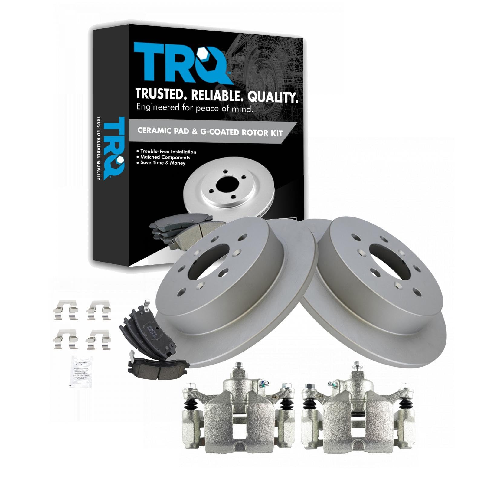 TRQ Rear Brake Pad and Rotor Set Ceramic Solid Rotors Calipers