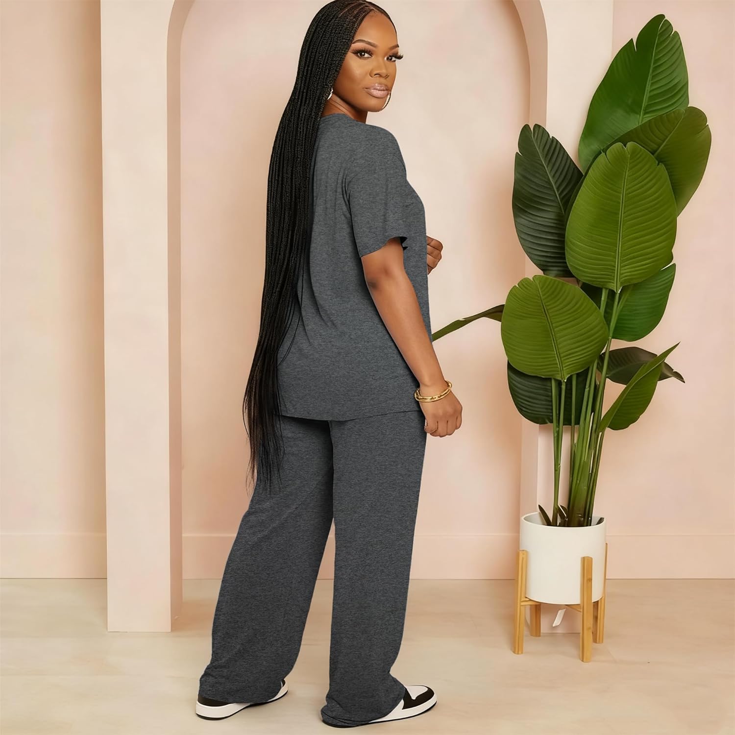 HBQ Women's 2 Piece Outfits Loose Fit Tops Wide Leg Pants Short Sleeve Lounge Matching Sets Sweatsuits - Image 3