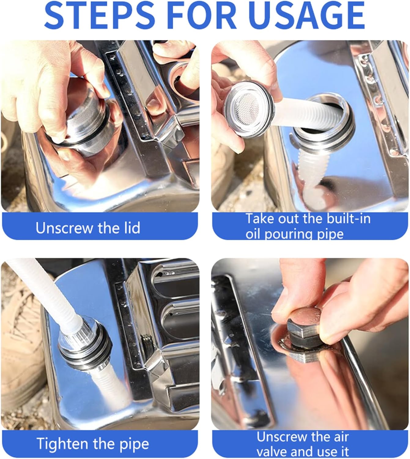 5 Gallon Metal Water Can 304 Stainless Steel Can with Flexible Nozzle System Pressure Relief Valve Safety Configuration Portable for ATV UTV SUV MPV Trailer and Off Road Camping （20 Litre）