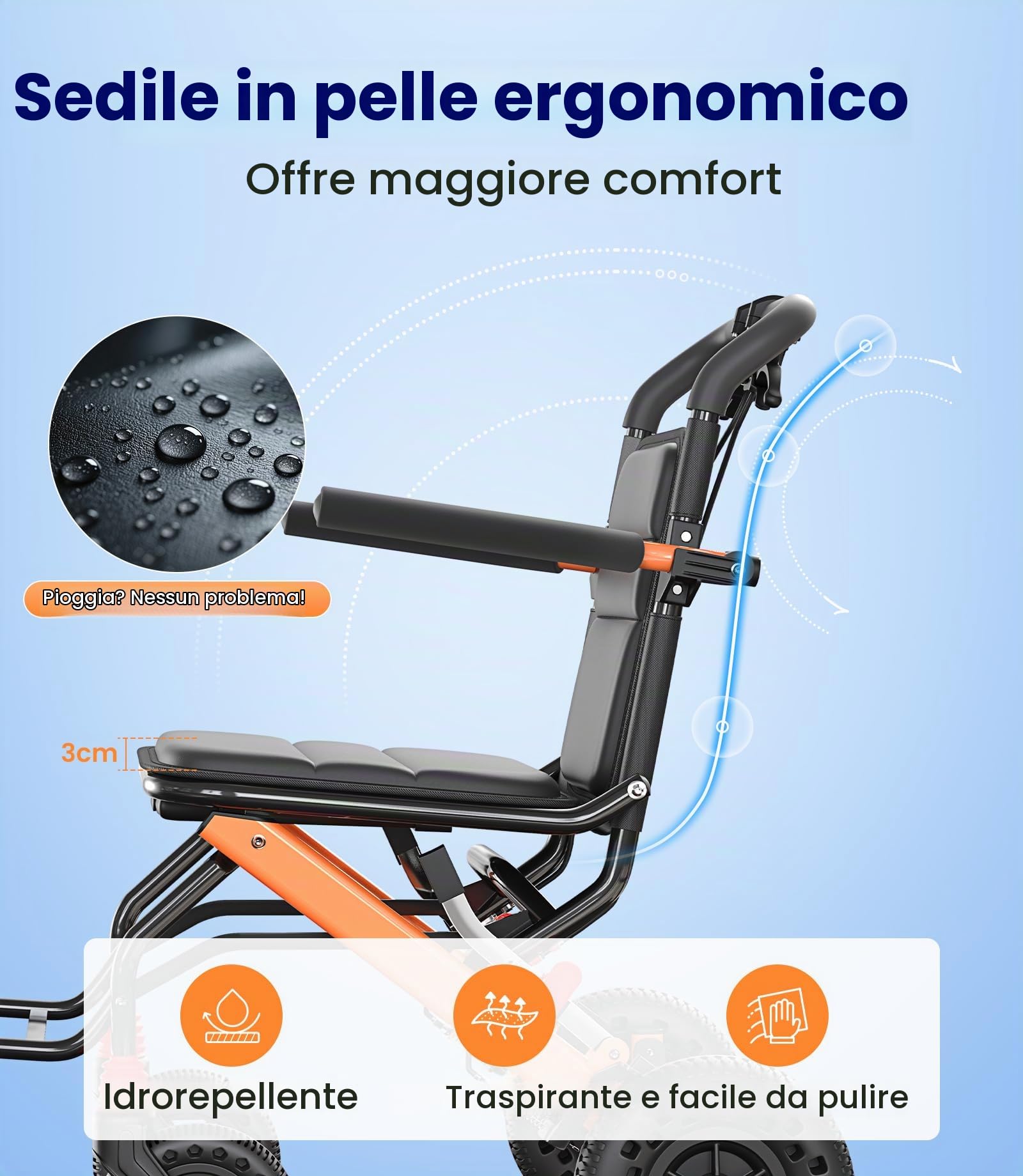 VOCIC U41 Sedia a Rotelle Pieghevole Ultraleggera 8.6KG | Carrozzina da viaggio in alluminio,gomme 20CM a favo per tutti i terreni,stretta 51CM,braccioli pieghevoli|Arancione