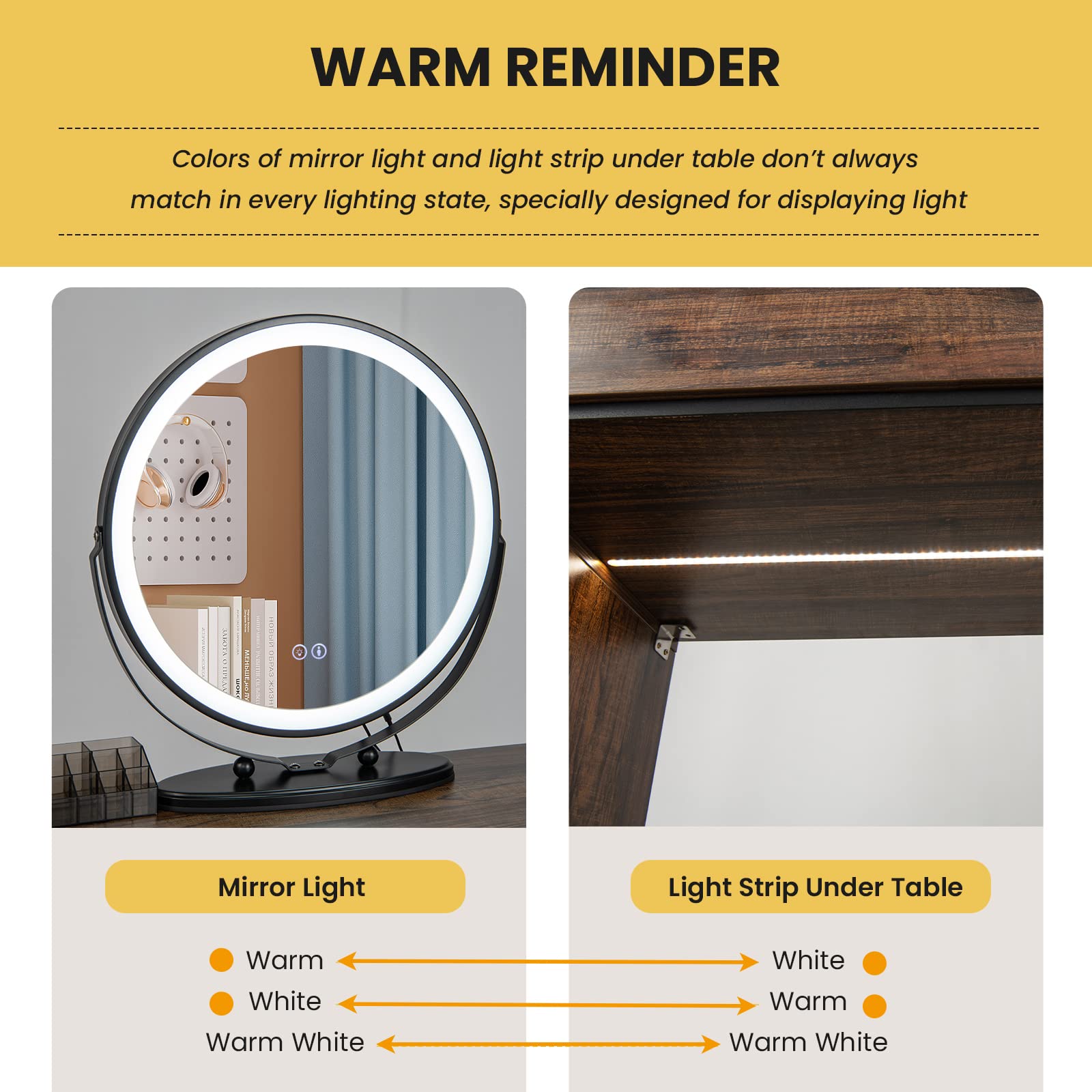 CHARMAID Table De Maquillage Avec Miroir éclairé, 3 Couleurs à