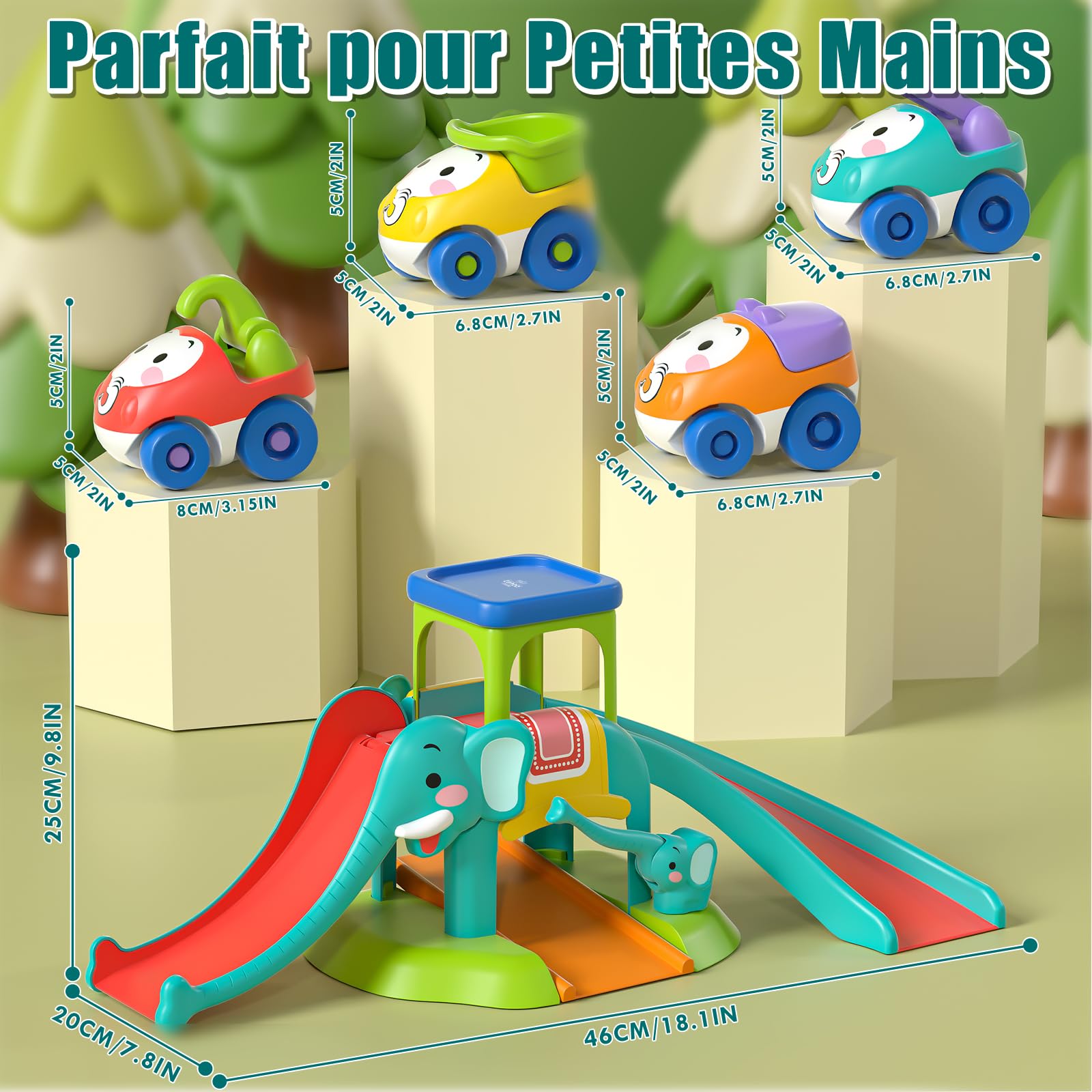 Lehoo Castle Jouet de Voitures pour Enfant 1 2 3 Ans, Cadeau pour Enfant, Toboggan Éléphant avec 4 Voitures a'Animaux, Jeux Éducatif pour Bébé 12+ Mois, Piste de Voitures à Pousser