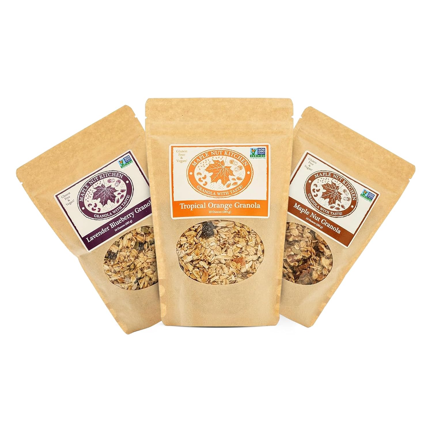 Maple Nut Kitchen Artisanal Variety Pack Granola Bites - Lavender Blueberry, Tropical Orange, Maple Nut Granola | 10 oz Each | Gluten-Free, Vegan, Delicious Breakfast Treats | 3-Pack