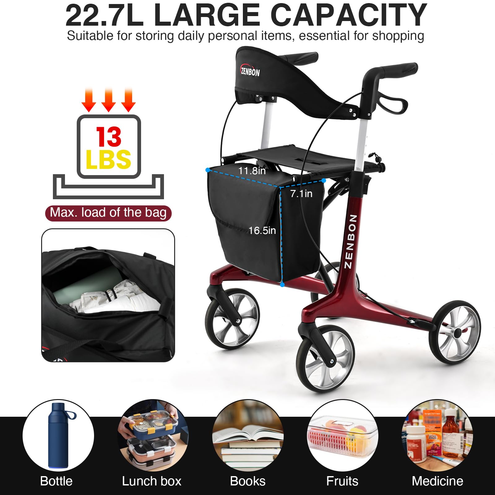 Deambulatore Carbonio Ultralight 5,5 kg: Rollator 4 Ruote Pieghevole e Leggero con Sedile Deambulatore in carbonio per Anziani - Rollator Pieghevoli Leggeri per Viaggi nel Bagagliaio e in Aereo