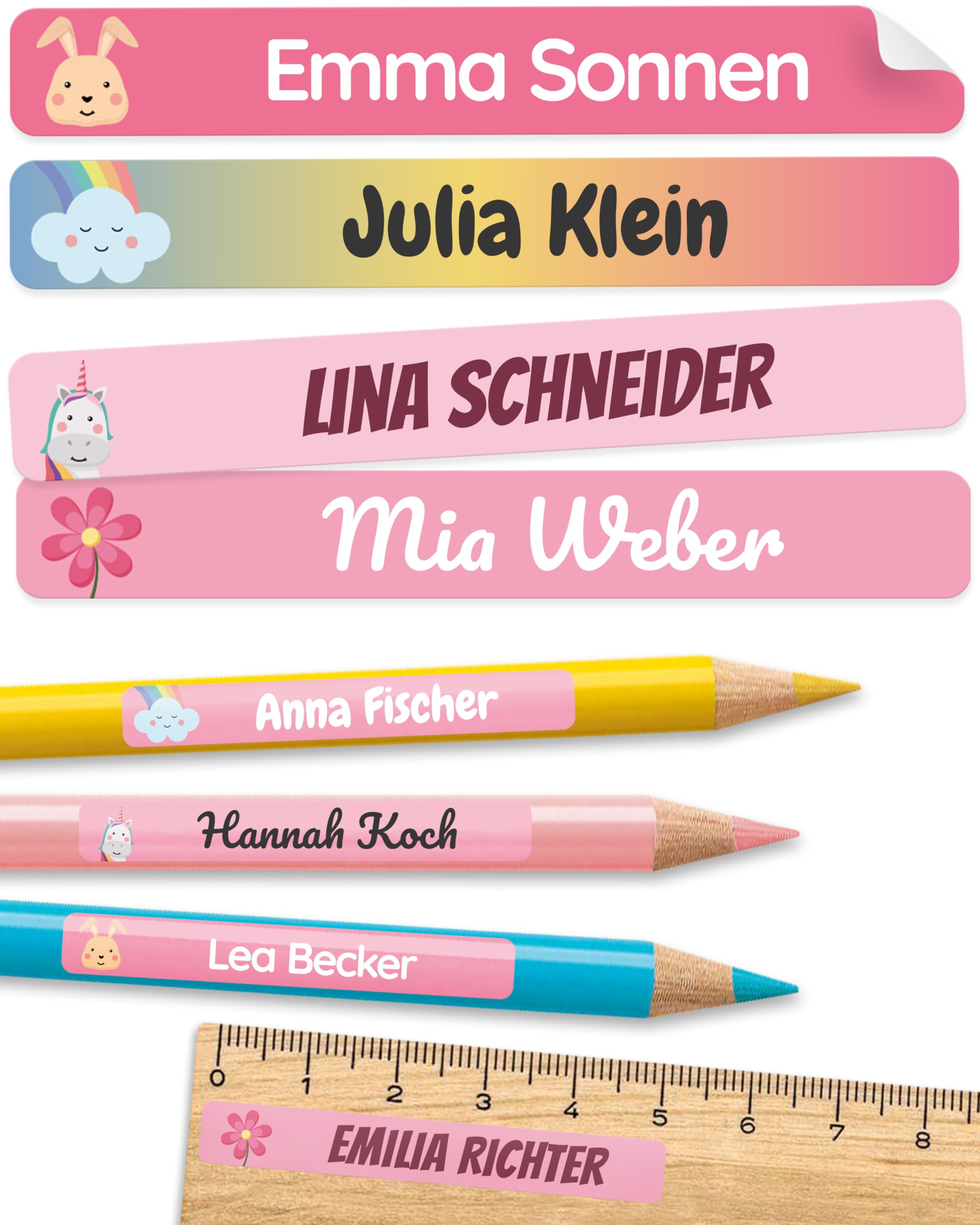melu kids® Namensaufkleber Kinder für Schule & Kita (75 Stück) - Personalisierte Aufkleber mit Namen für Stifte und alle Schulsachen - Wasserfest in Spülmaschine (Himbeerrosa)