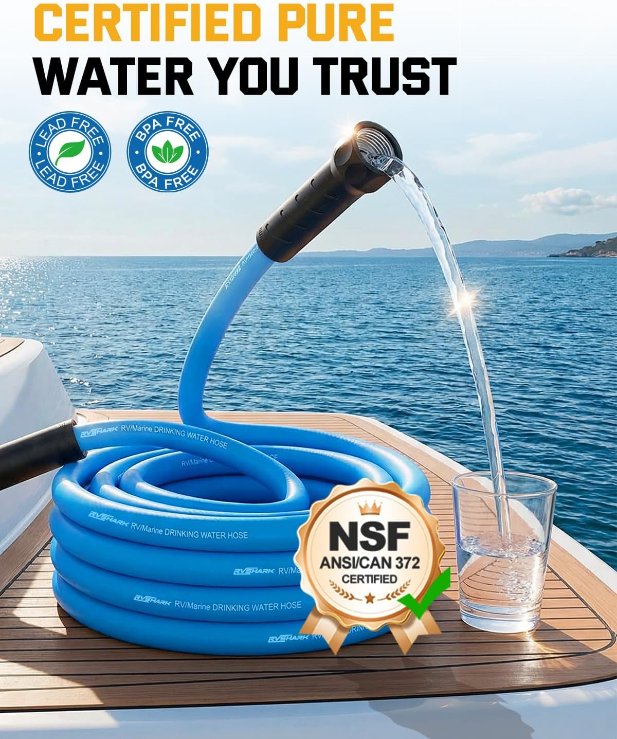 RV Water Hose 85FT, NSF ANSI CAN 372 Lead-Free Certified, 5/8'' Premium Drinking Water Hose with Storage Bag, BPA Free No Kink& Flexible Leak-Free Garden Hose for RV, Camper, Truck, Trailer– Blue
