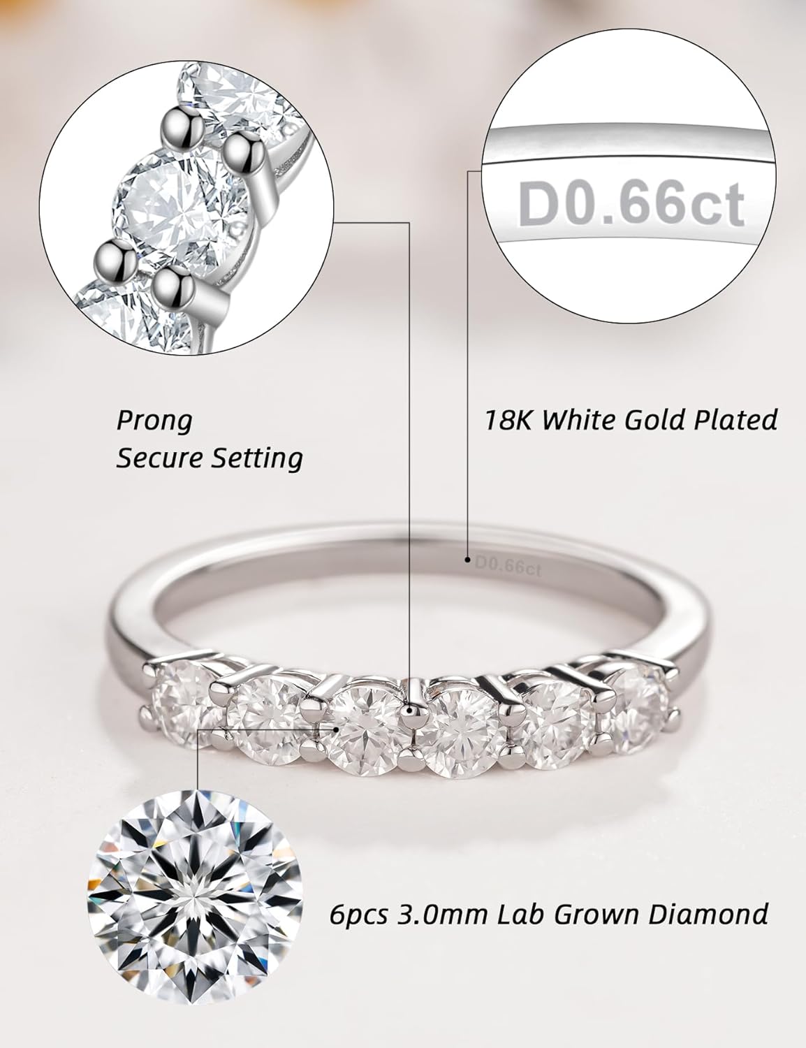 IMOLOE Lab Grown Diamond Wedding Bands for Women,0.66 Carat Ring 6 Stones Eternity Rings for Women in 18K White Gold Plated Sterling Silver Size 4-11 - Image 2