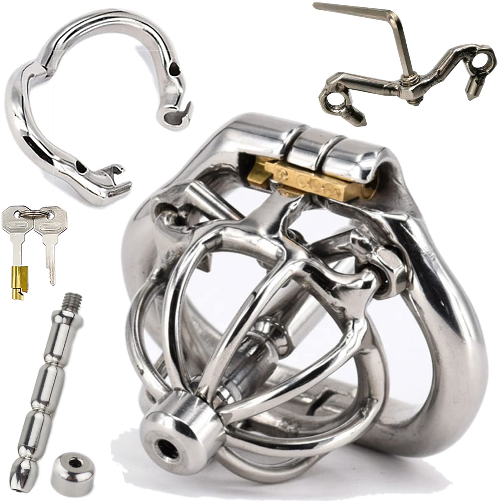 Metall Small Keuschheitsgürtel Für Herren Atmungsaktiv Peniskäfig Mit Harnröhren Dilatator Und 3.0 Verstellbar Penisring Und CBT-Spike Keuschheitskäfig Klein Cock Cage Für Männer,Silber,57mm