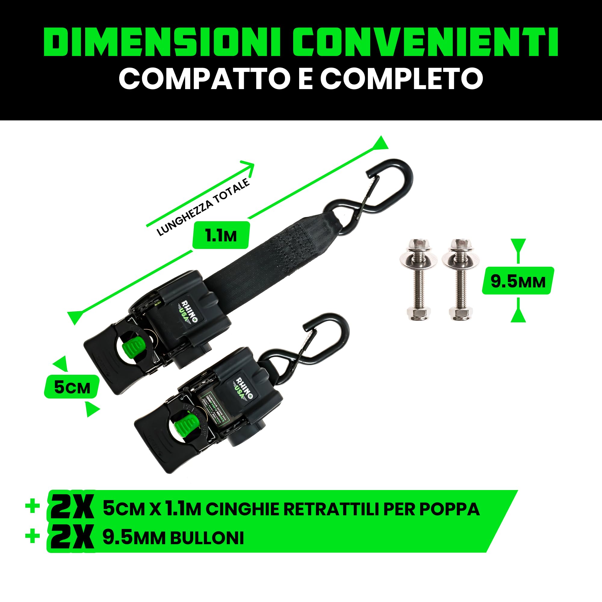 Rhino USA Cinghie Retrattili per Rimorchio Barca (Confezione da 2) - Cinghie di Fissaggio per Barca da 5cm x 1,1m, 1300kg - Fissaggio per Barca, Jet-Ski e altro! Verniciato a Polvere Nero, Acciaio