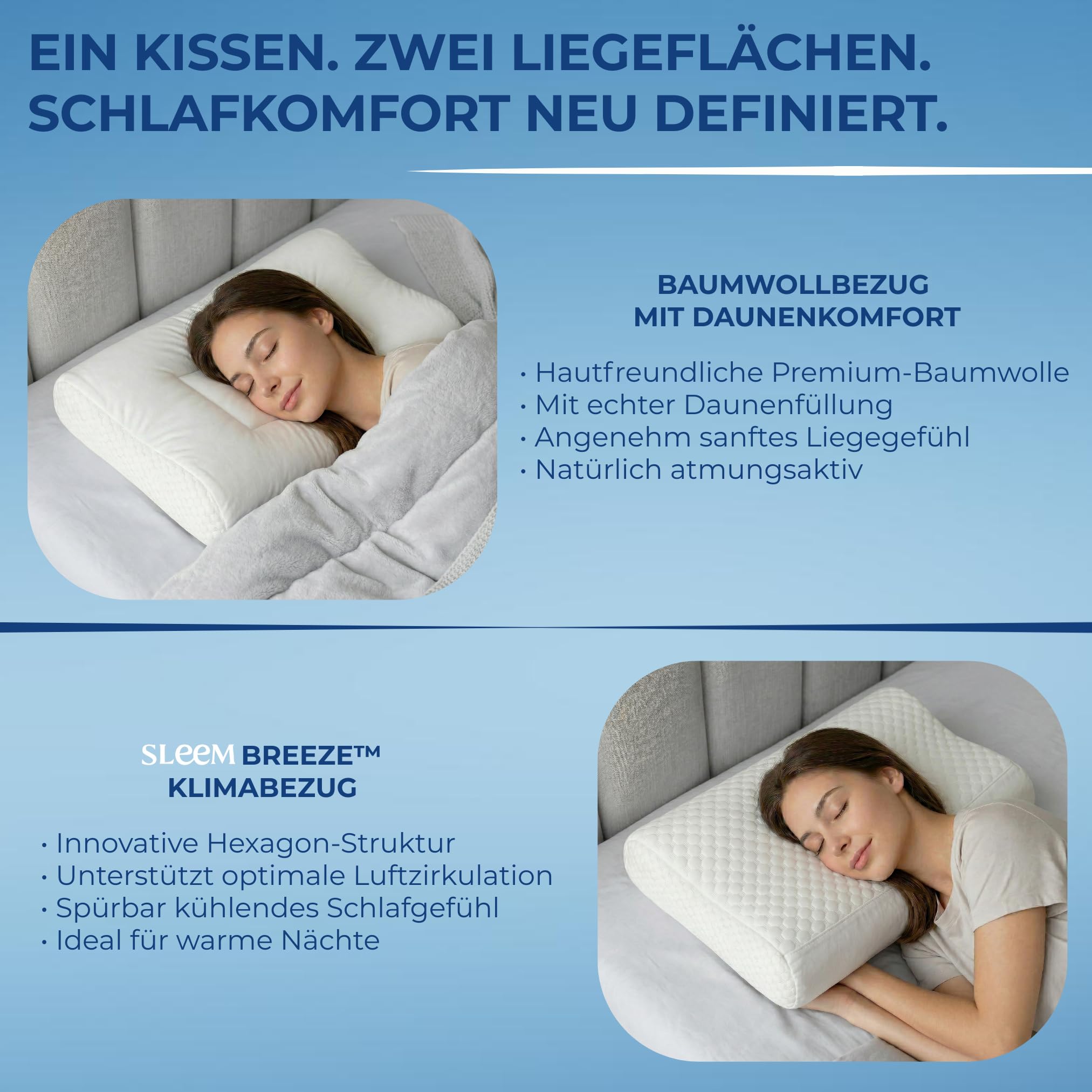 Sleem Almohada cervical híbrida – Almohada ergonómica con núcleo de espuma viscoelástica y comodidad de plumón · Se puede utilizar por ambos lados · Altura ajustable · Para dormir de lado y de espalda