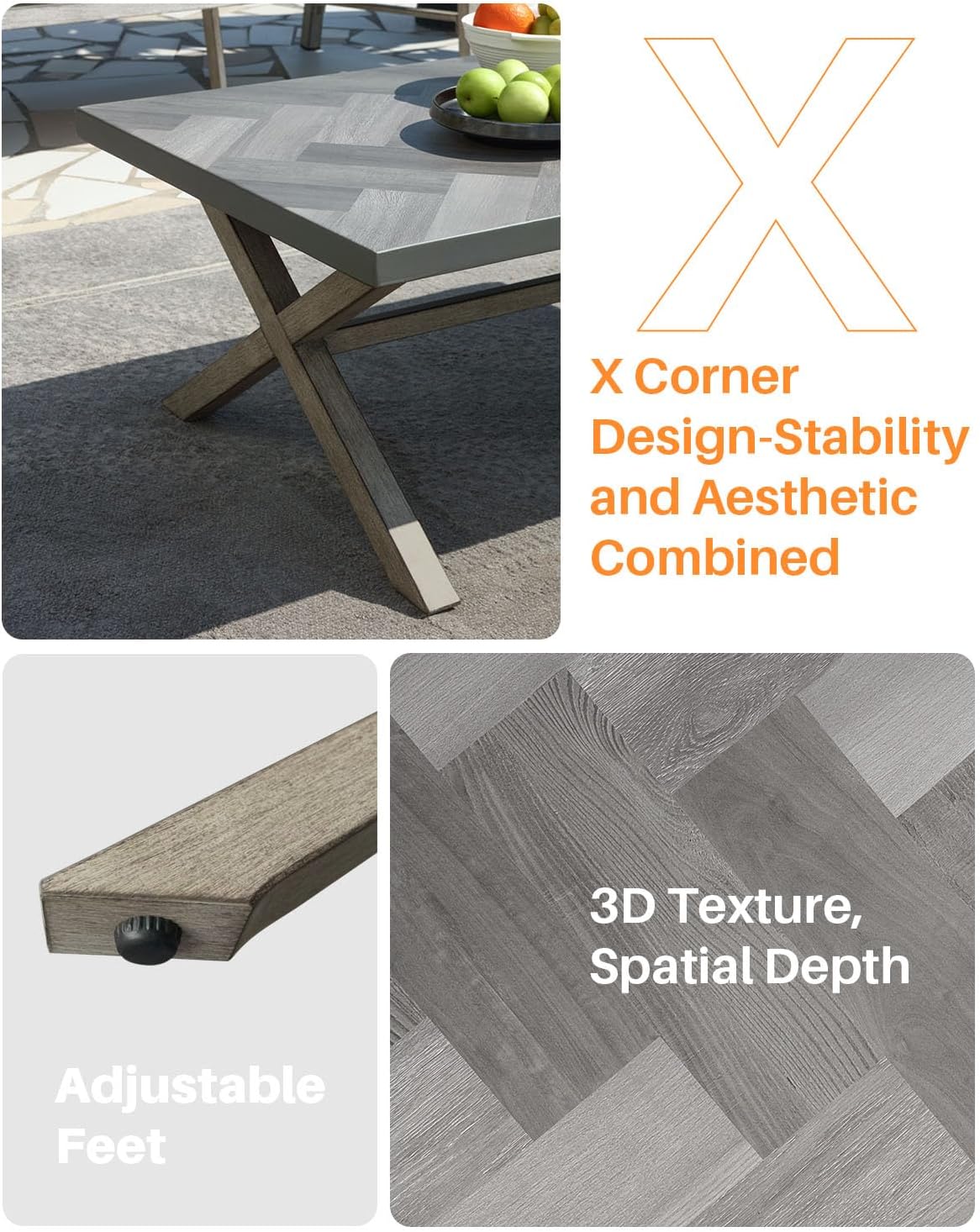 Aluminum Outdoor Coffee Table, All-Weather Rectangle Patio Coffee Table with Resin Tabletop, Modern Aluminum Outdoor Furniture Table for Patio, Poolside, Garden, Balcony, Limed Oak