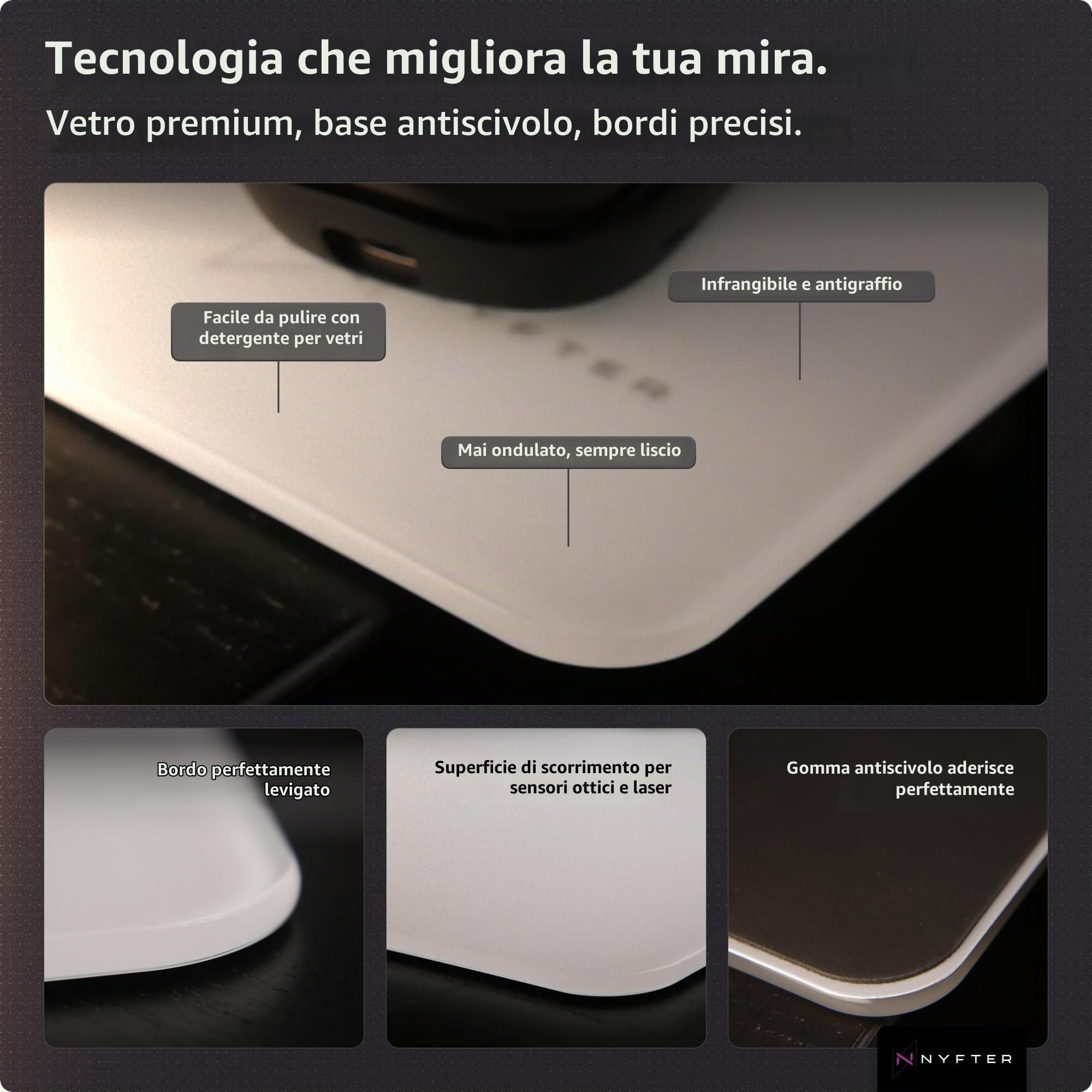 Nyfter Tappetino per mouse da gioco in vetro, 50 x 50 cm, superficie ultra precisa, vetro temperato, antiscivolo, bordi arrotondati, perfetto Glide – Premium Mouse Pad/Glasspad per Esports & Gaming