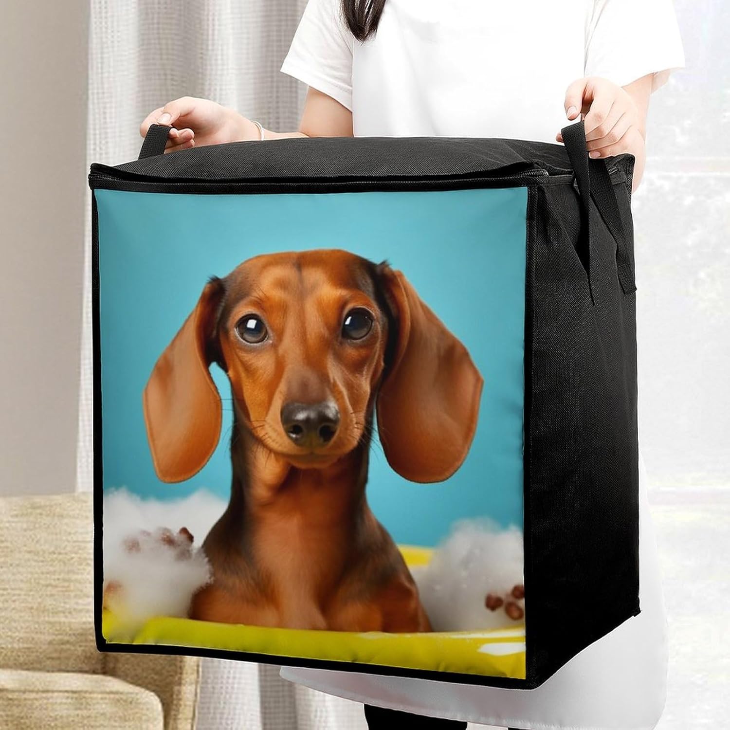 Quilt Storage Bag,Dachshund Dog Printed Large Foldable Storage Container Portable Travel Storage Bag for Blankets, Quilts, Clothes, Comforter, Bedding And Pillows
