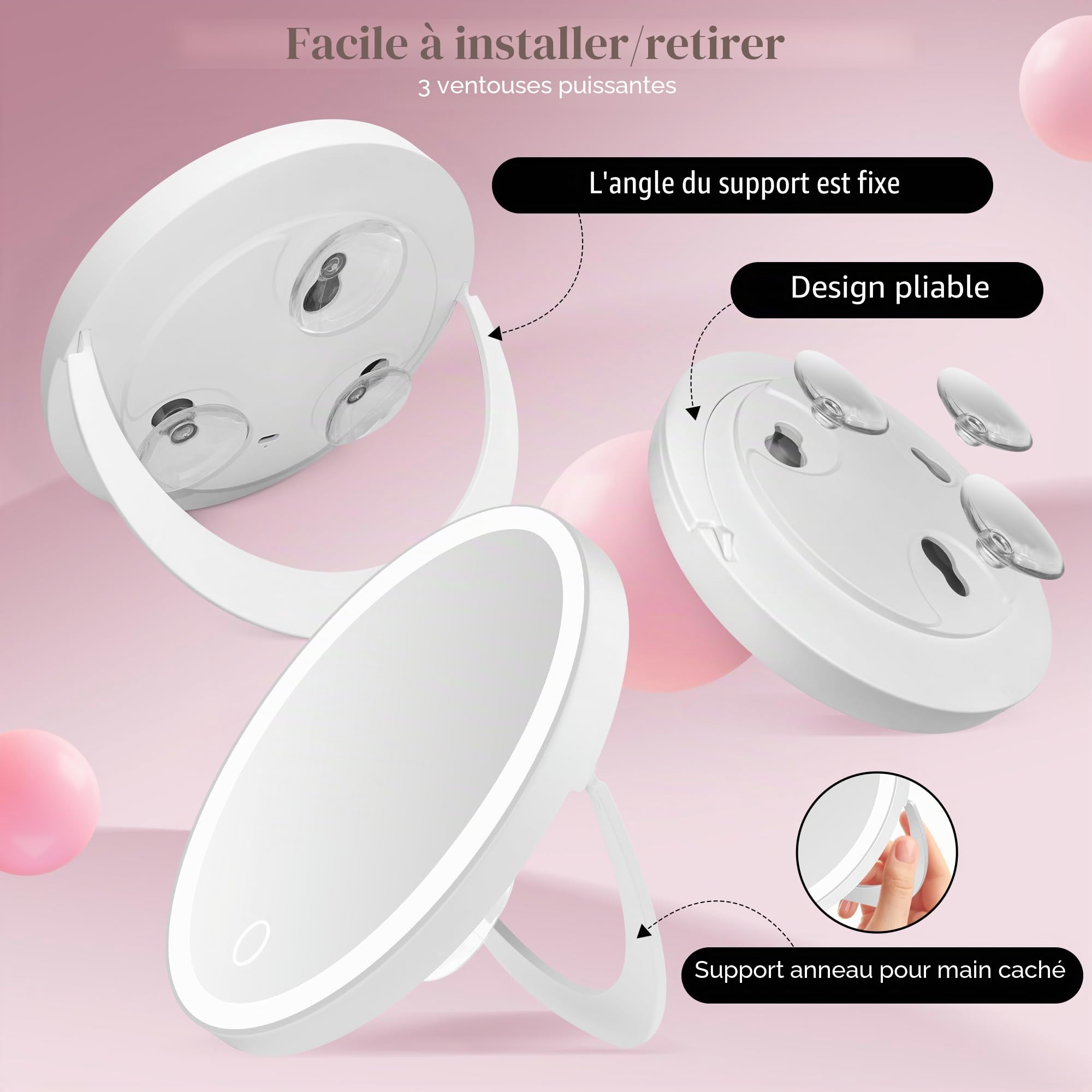MOMOKUBA Miroir grossissant avec éclairage, Miroir 30x avec Ventouse, Couleurs Lumineuses et à intensité Variable, pour Maquillage de précision, Miroir Mural ou de Table pour Salle de, Blanc